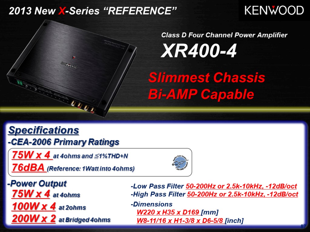 87 Class D Four Channel Power Amplifier XR400-4 87 Specifications -Low Pass Filter 50-200Hz